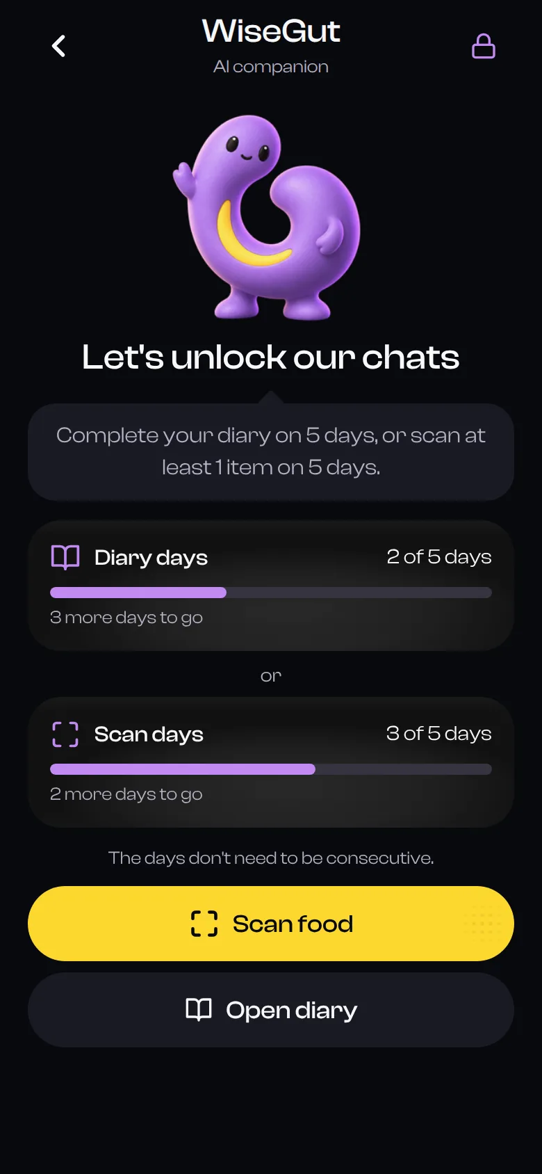 The locked chat screen, showing progress towards 5 diary days and 5 scan days.