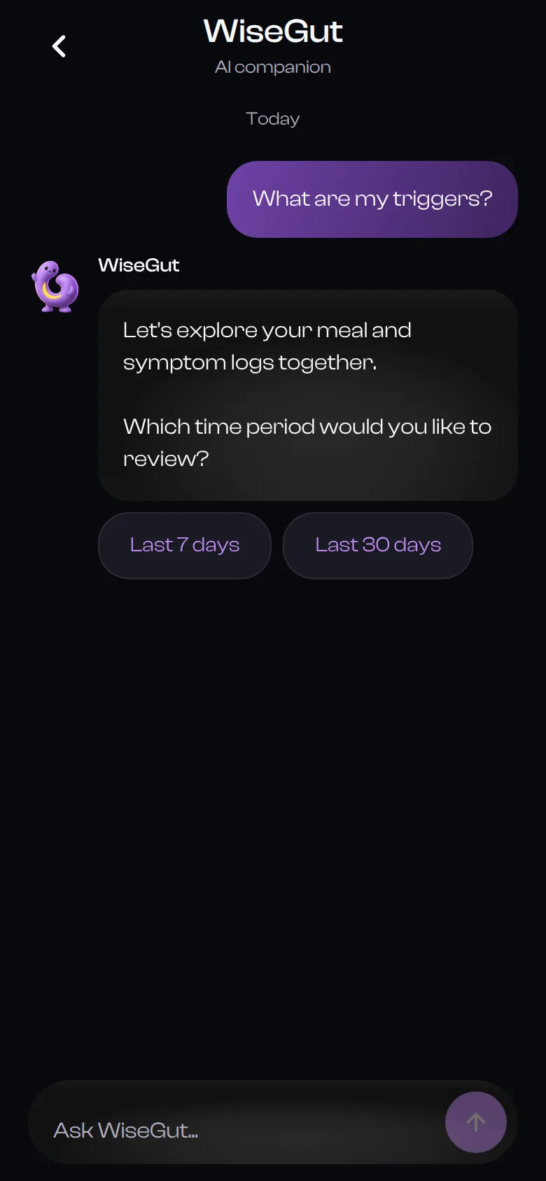 A conversation with WiseGut about logged food and symptoms.
